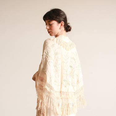 1920s Ecru Pastel Embroidered Fringe Capelet 