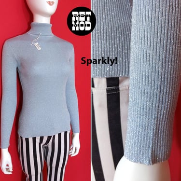 Deadstock Pretty Vintage 70s 80s Light Icy Blue & Silver Metallic Lurex Ribbed Turtleneck Top 