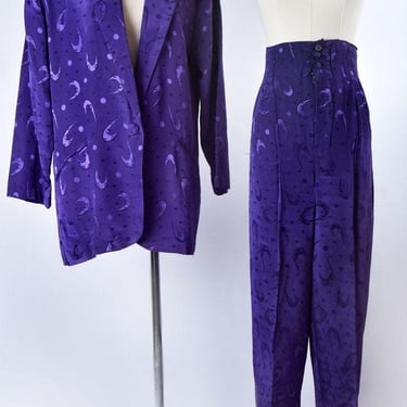 80's Purple Damask Women's Suit, Pants & Jacket, Vintage Rayon 1980's High Waist Trousers and Matching Blazer Moons Royal Purple 