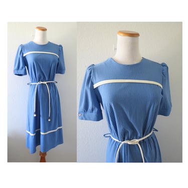 Vintage 80s Blouson Midi Dress - Blue Striped Short Sleeve Secretary Office Dress - Size Medium 