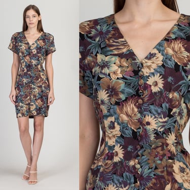 90s Floral Mini Sheath Dress - Small | Vintage Button Front Boho V Neck Short Sleeve Fitted Dress 