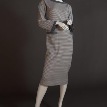 F/W 1975 Yves Saint Laurent Rive Gauche runway documented striped knit dress with pockets in grey and white 