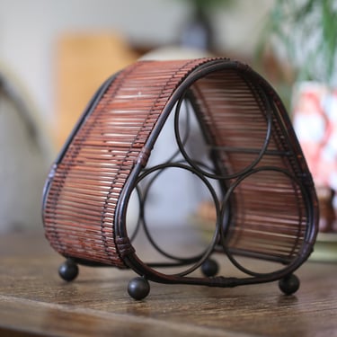 Vintage Wine Rack | Metal Rattan and Reed 3 Bottle Wine Holder 