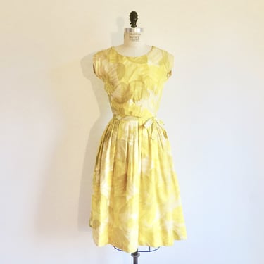 1960's Yellow Cotton Watercolor Print Fit and Flare Dress Sleeveless Full Skirt Spring Summer Dresses Bullocks Wilshire 26