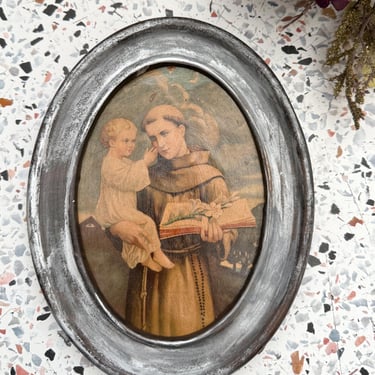 Very Old Religious Print, Framed St Anthony and Christ Child, Rustic Metal Frame, Framed Wall Decor, Artistic, Vintage, St Anthony of Padua 