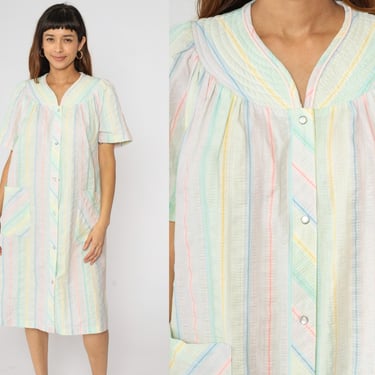 80s Lounge Dress Pastel Rainbow Striped Seersucker Tent Midi Barbizon House Dress Short Puff Sleeve Pearl Snap Vintage Pocket 1980s Medium M 