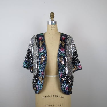 Vintage 1980s sequined shrug, jacket, capelet, silk, butterfly, floral, disco, OSFM 