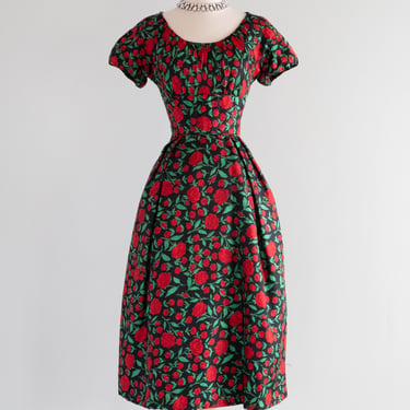 Classic Late 1950's I. Magnin Red Rose Print Silk Cocktail Dress / M