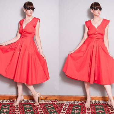 Vintage 1980's | Red | Fit & Flare | Circle Skirt | Midi | Dress | XS/S 