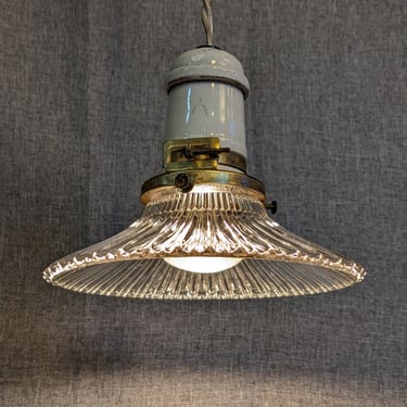 Antique Porcelain and Brass Pendant Light with Holophane Shade