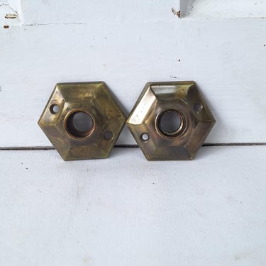 Pair of Hexagon Rosette Cast Bronze Door Plates, Brass Escutcheons, Hexagonal Door Plates, Door Knob Collars, Architecture Salvage 030405 