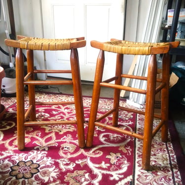 VINTAGE Danish Modern Style Rattan Stools, Hand Woven Rattan and Solid Wood Backless Chairs, Home Decor (2 Chairs) 