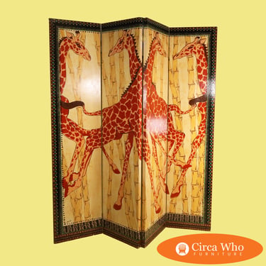 Hand Painted 4 Panel Giraffe Screen