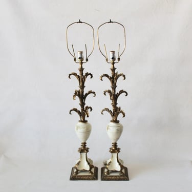 Vintage Mid Century Tall Italian Florentine Style Gold White Painted Metal Brass Table Lamps 