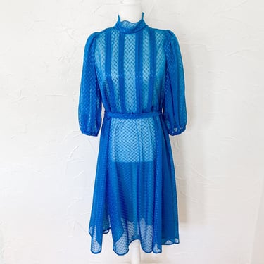 70s Sheer Textured Cobalt Blue Belted Mockneck Midi Dress | Large 