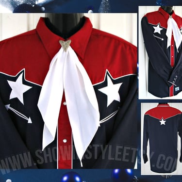 Vintage Retro Western Men's Cowboy and Rodeo Shirt by Roper, USA Patriotic Red, White & Blue, White Stars, Size XXLarge (see meas.) 