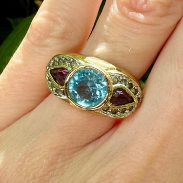 Aqua Blue & Purple Crystal 14K Gold Plate Vintage Ring Size 5 & 8