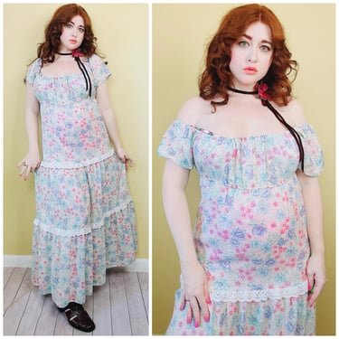 1970s Vintage Cotton Sem Sheer Floral Maxi Dress / 70s / Seventies Lace Trim Empire Waist Off Should Prairie Gown / Size Medium 