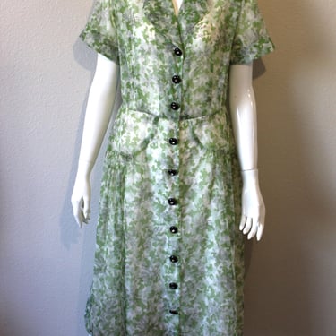 1940s Koldin Day Dress Green Fern / Vintage 40s Nylon Semi-Sheer Dress Novelty Print  // Modern Size 8 10 Large 