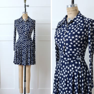 vintage 1970s star print dress • navy blue & white nylon disco dress • boho RNR space girl dress 