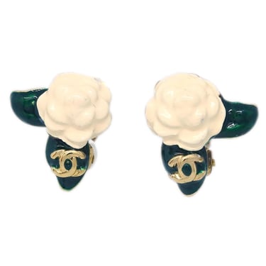 Chanel Gold White Camellia Earrings Clip-On 04A