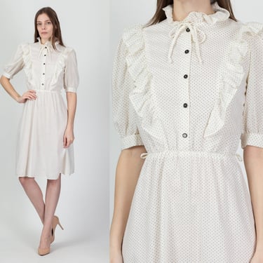 70s White Polka Dot Ruffle Dress - Extra Small | Vintage Byer Too Boho Semi-Sheer Girly Knee Length Dress 
