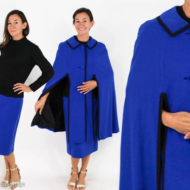 1980s Royal Blue Cape Dress Set | 80s Blue Wool & Black Cape Dress Set | Lilli Diamond | Medium 