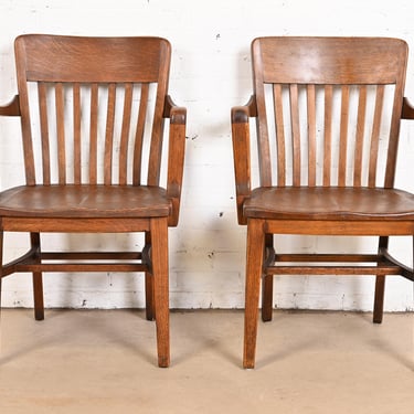 Antique Arts & Crafts Solid Oak Banker’s Chairs, Pair