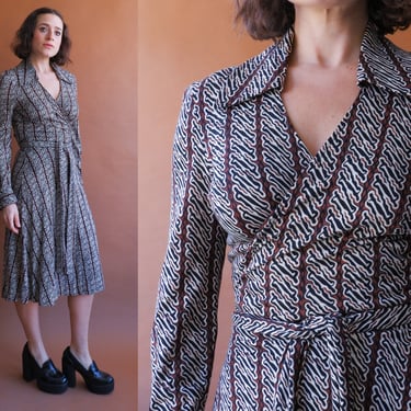 Vintage 70s Diane Von Furstenberg Wrap Dress/ Brown and Black Jersey Long Sleeve Dress/ Size Medium 