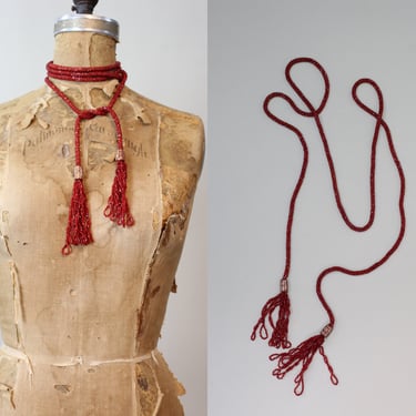 1920s GARNET beaded SAUTOIR tassel necklace | new fall 