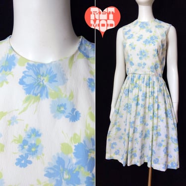 Lovely Vintage 60s Blue White Fit and Flare Crinkle Fabric Day Dress 