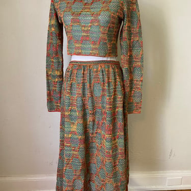 Stunning Vintage MISSONI Knit Cropped Blouse & Skirt Set - Couture Metallic Teal Gold Rust Statement Print 