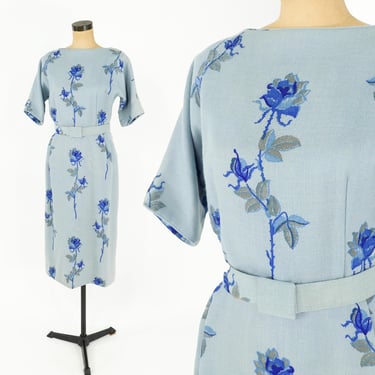 1950s Pale Blue Floral Dress | 50s Blue Wool Flower Dress | Juniors of California | Medium 