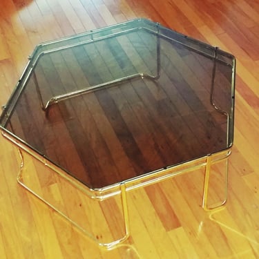 Mid Century Brass Plated Hexagonal Coffee Table Milo Baughman Style 