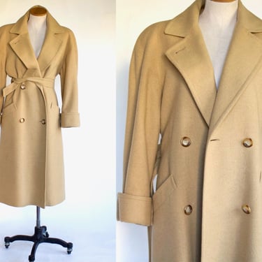 Vintage Nordstrom Belted Camel Hair Coat - Long Double Breasted Collared Wool Coat With Pockets - X-Large 