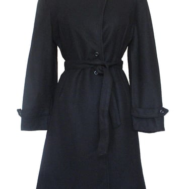 Black Trench Coat, Vintage 1970s/80s, XS/S Women, Black Wool, Elastic Waist 