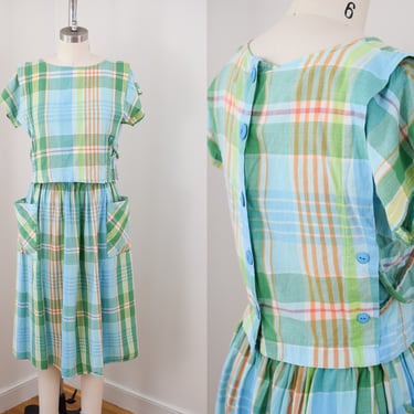 Vintage 1980s Plaid Indian Cotton Skirt and Top Set | S 