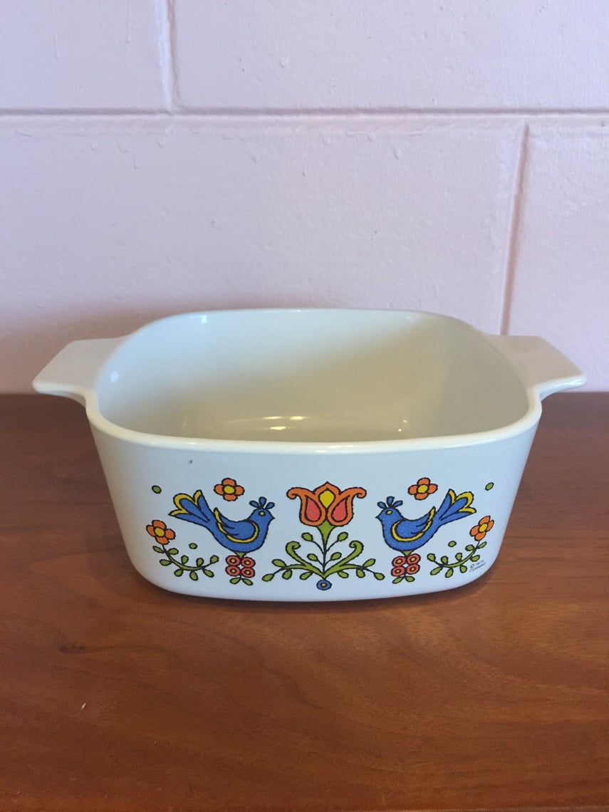 Corningware country store festival bird dish handles