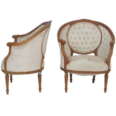 Fine Carved Walnut Pair Louis XVI Carved Walnut Corbeille Club Bergere Chairs