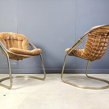 Vintage brass cantilever armchairs by Gastone Rinaldi set of 2, 1970s - vintage italian chairs - chrome dining chairs -  space age chair 