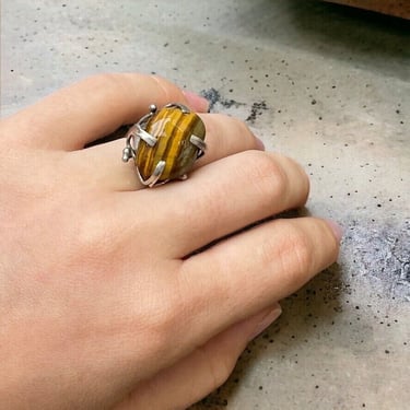 Handmade Womens Sterling Silver .925 Tigers Eye Brutalist Abstract Ring Sz 7 