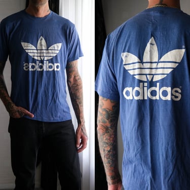 Vintage 80s ADIDAS Navy Blue Distressed Double Sided Trefoil Logo Tee | Made in USA | Hip Hop, Streetwear, Rap | 1980s ADIDAS Logo T-Shirt 