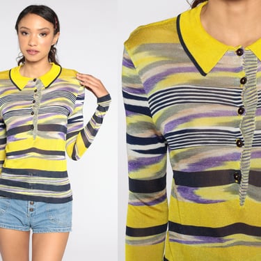 Striped Knit Shirt 00s Vintage Yellow Long Sleeve Button Up Shirt Y2K Shirt 2000s Blouse Purple Sweater Top Small xs s 