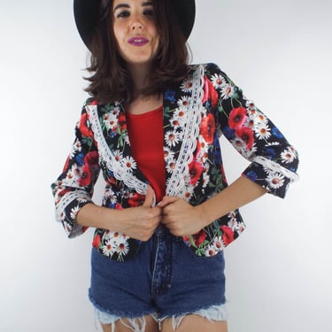 Vintage 90s Cropped Lace Trim Floral Print Blazer 
