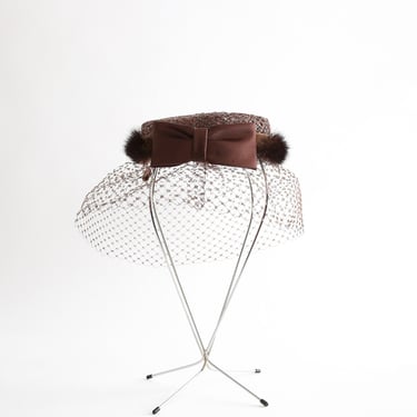 bird cage veil mink hat | Vintage 50s brown mink fur birdcage net hat 