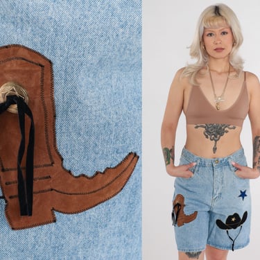 Cowboy Jean Shorts 90s High Waisted Denim Mom Shorts Western Star Hat Boot Patch Studded Concho Rodeo Mid Length Vintage 1990s Medium 30 