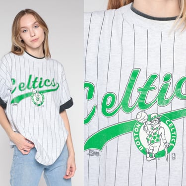 Boston Celtics Shirt 90s Basketball T-Shirt NBA Graphic Tee Massachusetts Striped Cuffed Heather Grey Retro Sports Vintage 1990s Mens XL 