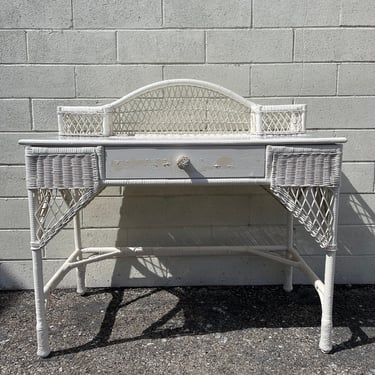 Vintage White Wicker Desk Writing Vanity Makeup Table Bedroom Storage Beachy Shabby Chic Chinoiserie Bohemian Eclectic CUSTOM PAINT Avail 