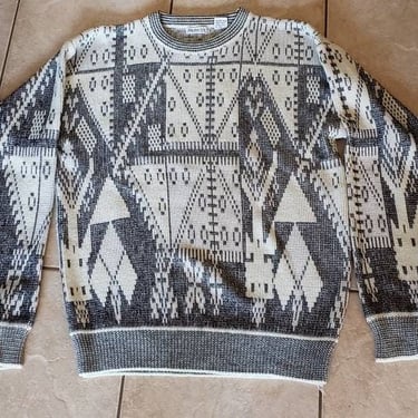 Vintage 80s/90s Gray White Cool Pattern Sweater L 