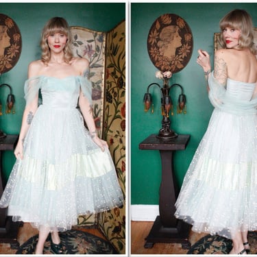 Late 40s Icy Blue Tulle Party Dress 